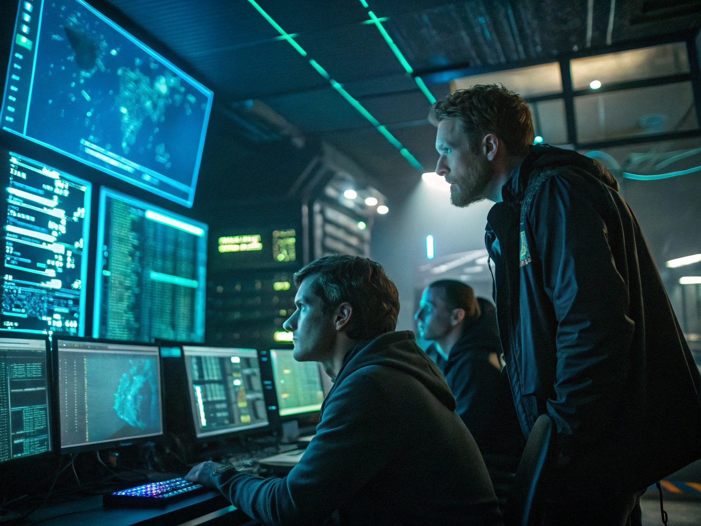 Technical team monitoring system deployment and security performance metrics