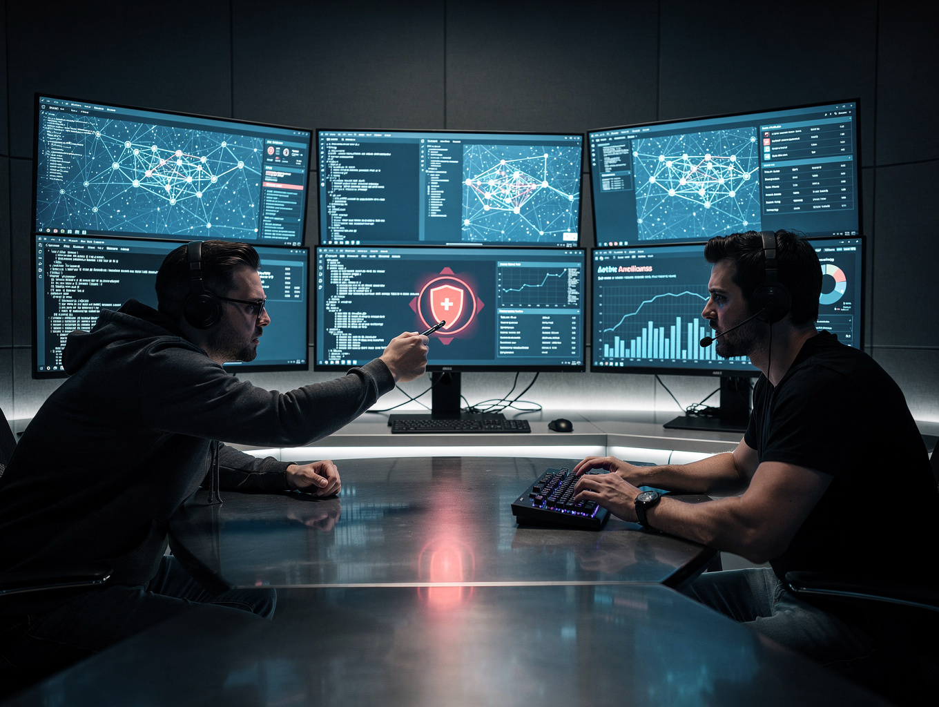 Security analysts reviewing digital infrastructure maps on a large display