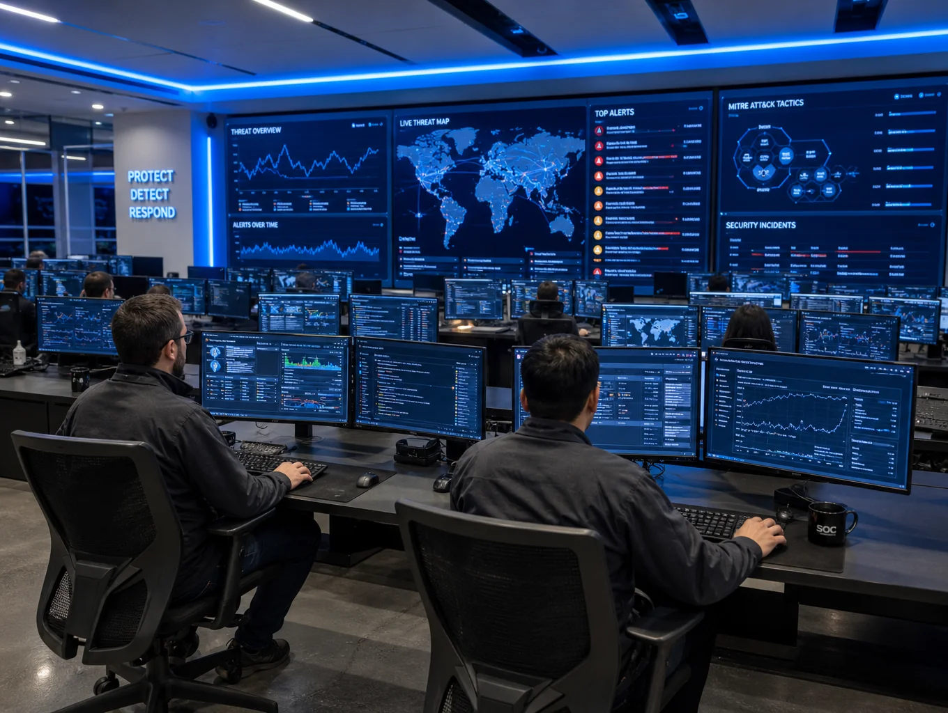 Security operations center monitoring digital infrastructure and network traffic